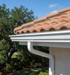 Close-up view of a house roof, showcasing shingles and gutters, relevant for gutter cleaning quotes nearby.