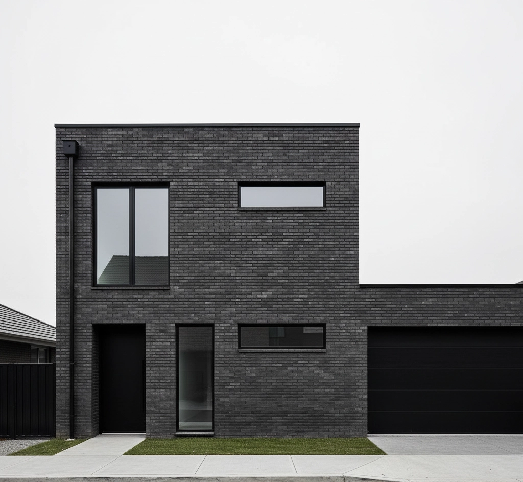 Modern minimalist house with dark gray brick slip cladded exterior, featuring large vertical windows and a flat roof. The scene is calm under an overcast sky.