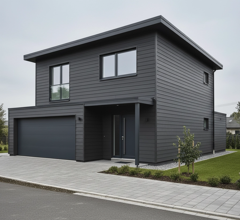 A modern, two-story house with dark grey horizontal composite cladding, large windows, and a matching garage. It sits on a neat lawn with a paved driveway.