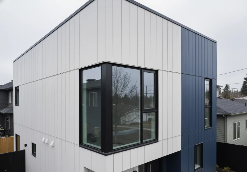Modern two-story building with sleek white and blue fibre cement boards cladding and large, black-framed windows. The design is minimalist and contemporary.