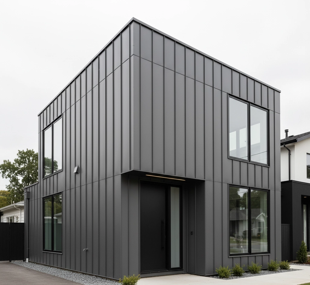 Modern two-story house with dark gray metal exterior wall cladding, large windows, and minimalist design. Surrounded by small shrubs against a cloudy sky.