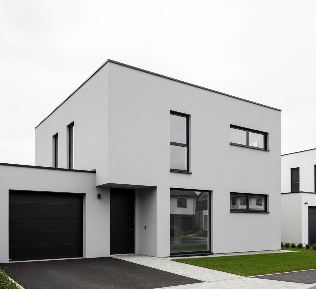 Modern building corner with light beige stone render system and large dark-framed windows. Overcast sky reflects on glass, creating a minimalist, contemporary feel.