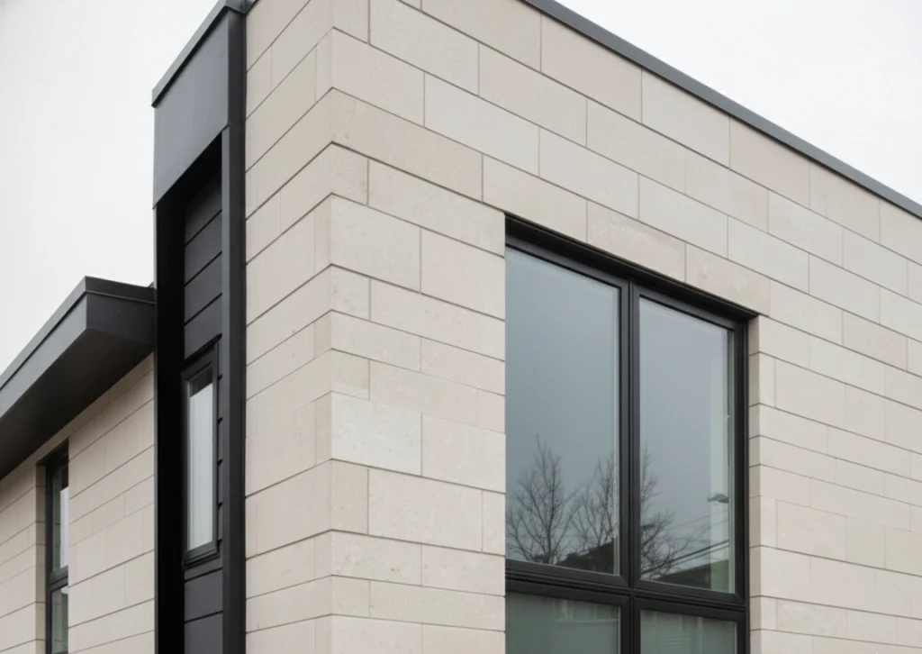Modern building corner with beige stone veneer cladding and large black-framed windows. Overcast sky reflects on windows, conveying a sleek, minimalist tone.