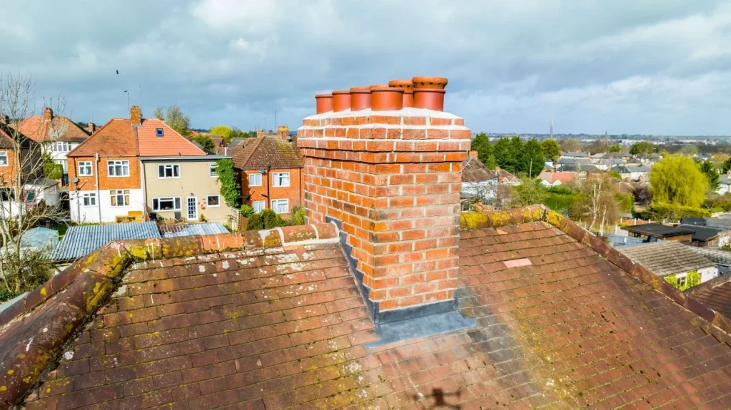 Red brick chimney with multiple pots on a sloped, mossy roof. In the background are suburban houses and lush green trees under an overcast sky.