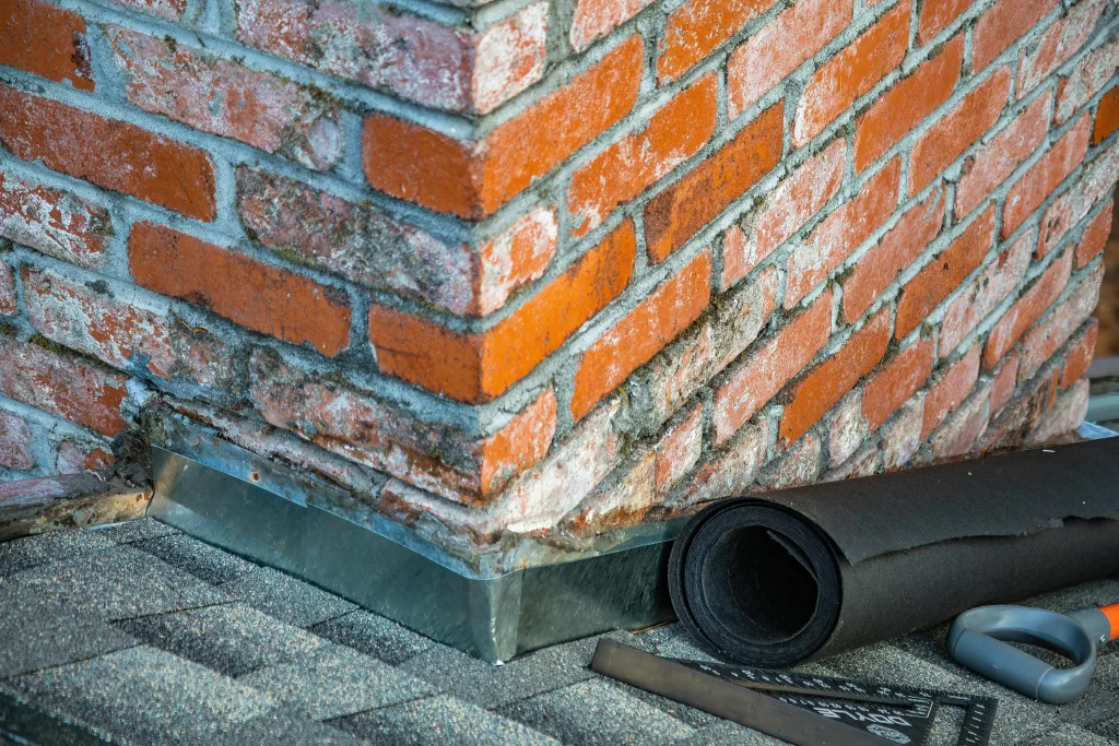 Close-up of a brick chimney with weathered mortar and metal flashing at the base. Nearby are roofing materials and tools, implying repair work. how to repair flashing on roof
