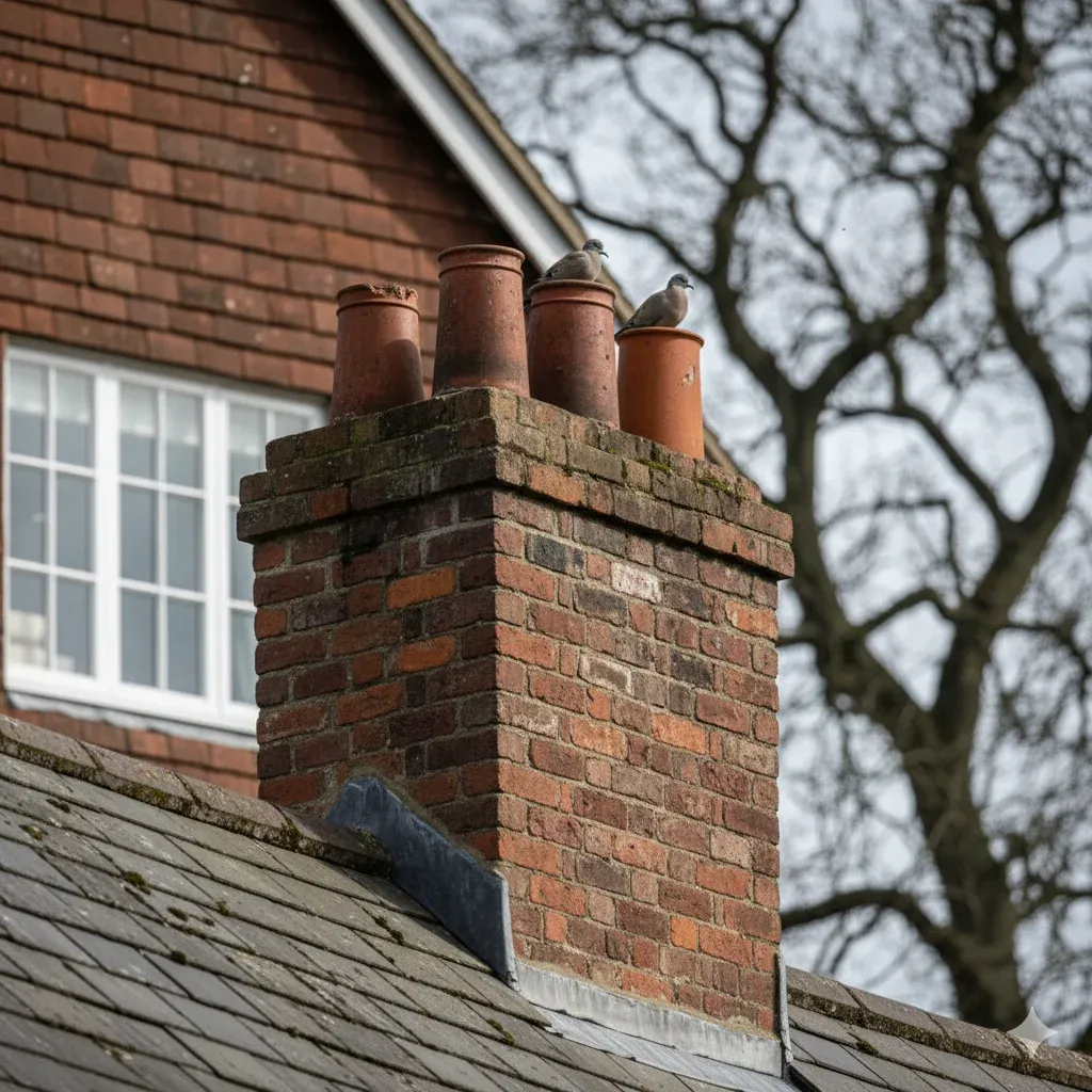 A brick chimney with five terracotta pots sits on a sloped roof. Two pigeons perch on the pots. A tree and part of a house are visible in the background. remove chimney stack cost.